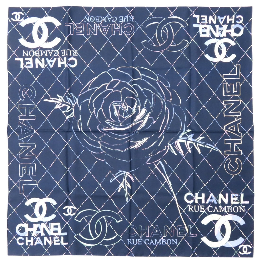 Unused Chanel Coco Mark Camellia Scarf/Muffler, Silk, Navy/Black, 1491CHANEL: --- Catalog ---Category: SizeSize (LxW): 93cm x 92cm / 36.61'' x 36.22''Category: DesignType: ScarfColor: Black, NavyGender: WomenMaterial: Silk Category: GeneralBrand: ChanelCountry of Origin: Italy-