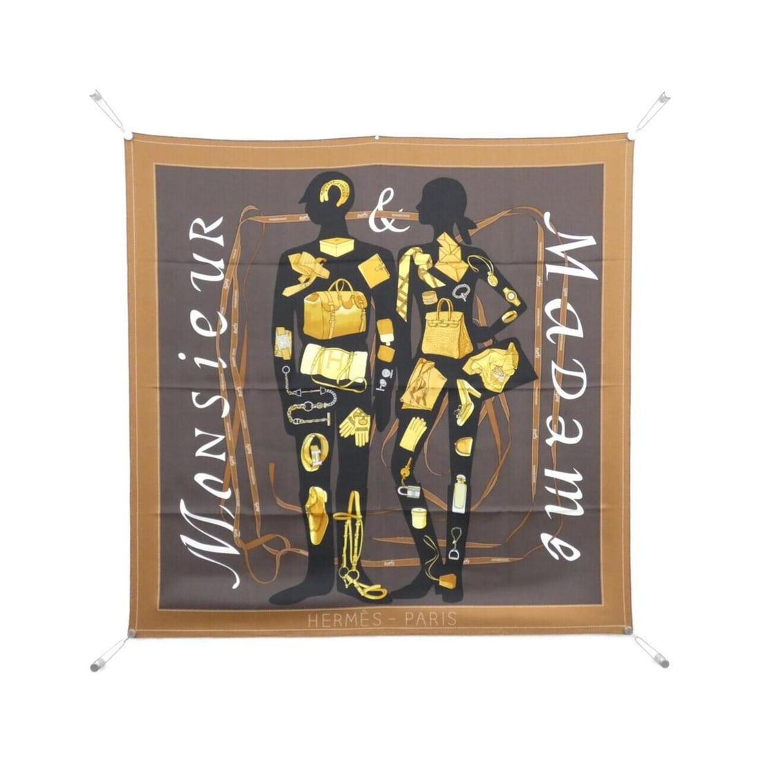 Hermes Hermès Monsieur & Madame Carre Scarf/Muffler: --- Catalog ---Category: SizeSize (LxW): 90cm x 90cm / 35.43'' x 35.43''Category: DesignType: ScarfColor: BrownGender: Women,MenMaterial: Silk Category: GeneralBrand: Hermes--- Item List ---Section: C