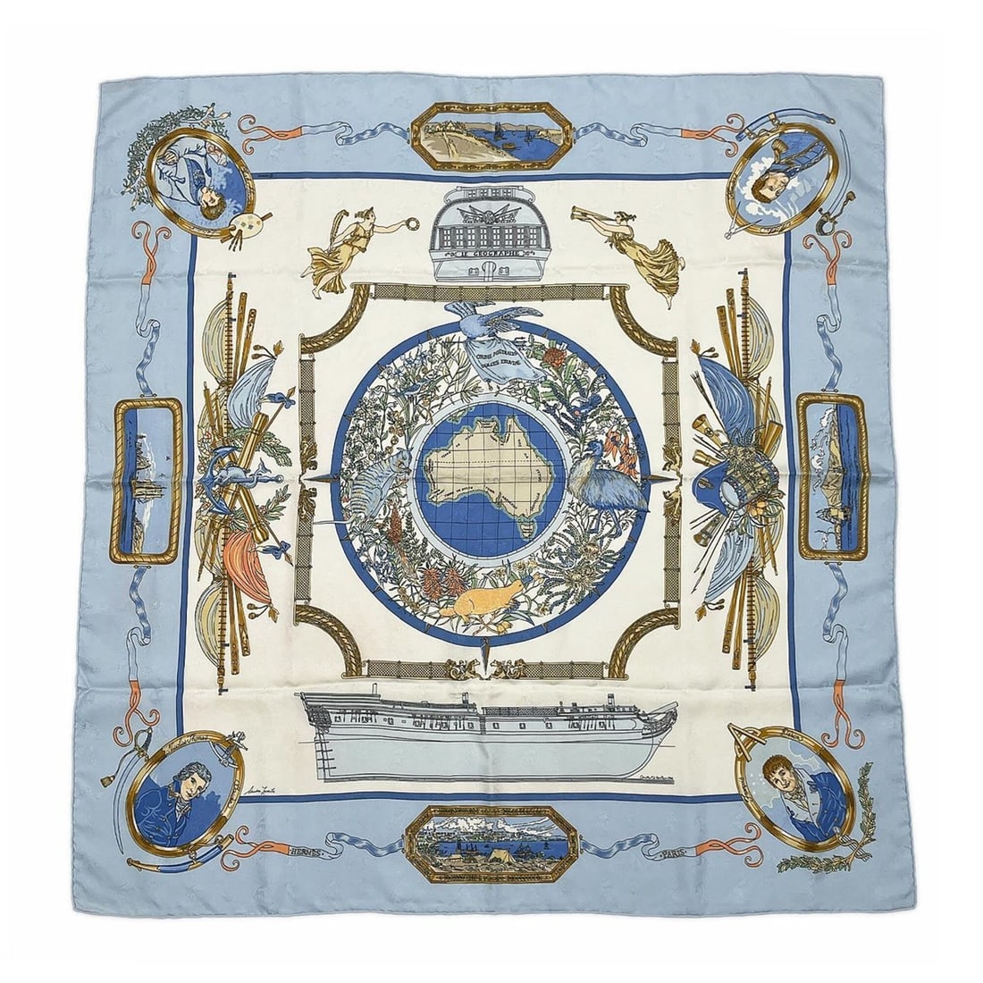 HERMES Carre 90 Silk Scarf/Muffler, Blue, Men's/Women's: --- Catalog ---Category: SizeSize (LxW): 87cm x 85cm / 34.25'' x 33.46''Category: DesignType: ScarfColor: Blue, CreamGender: Men,WomenMaterial: Silk Category: GeneralBrand: Hermes--- Item List ---Sect
