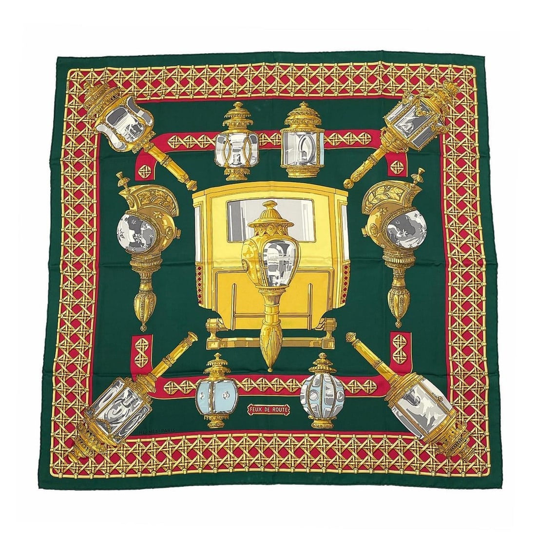 HERMES Carre 90 FEUX DE ROUTE Carriage Lantern Lamp Lattice Pattern Scarf/Shawl Silk Green (1 of 7)