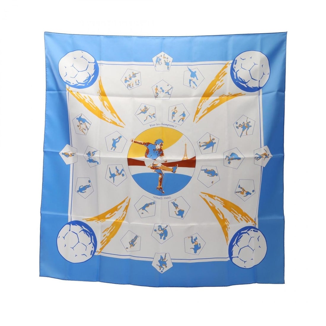 Hermes Carre 90 Vive les champions! Scarf/Muffler, Silk, Women's, Blue, White, Yellow: --- Catalog ---Category: SizeSize (LxW): 89cm x 89cm / 35.03'' x 35.03''Category: DesignType: ScarfColor: Blue, White, YellowGender: WomenMaterial: Silk Category: GeneralBrand: Hermes--- Item List ---