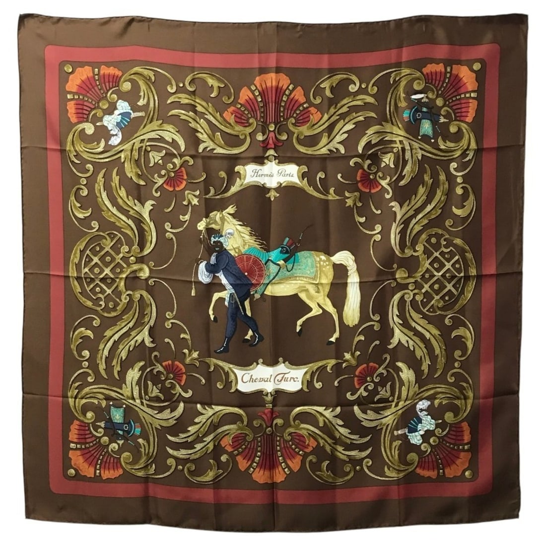 HERMES Cheval Turc (Turkish Horse) Carre 90 Scarf/Muffler, Silk, Brown, Like New, for Men and Women: --- Catalog ---Category: SizeSize (LxW): 90cm x 90cm / 35.43'' x 35.43''Category: DesignType: ScarfColor: BrownShape: SquareGender: Men,Women,UnisexMaterial: Silk Category: GeneralBrand: HermesCountry