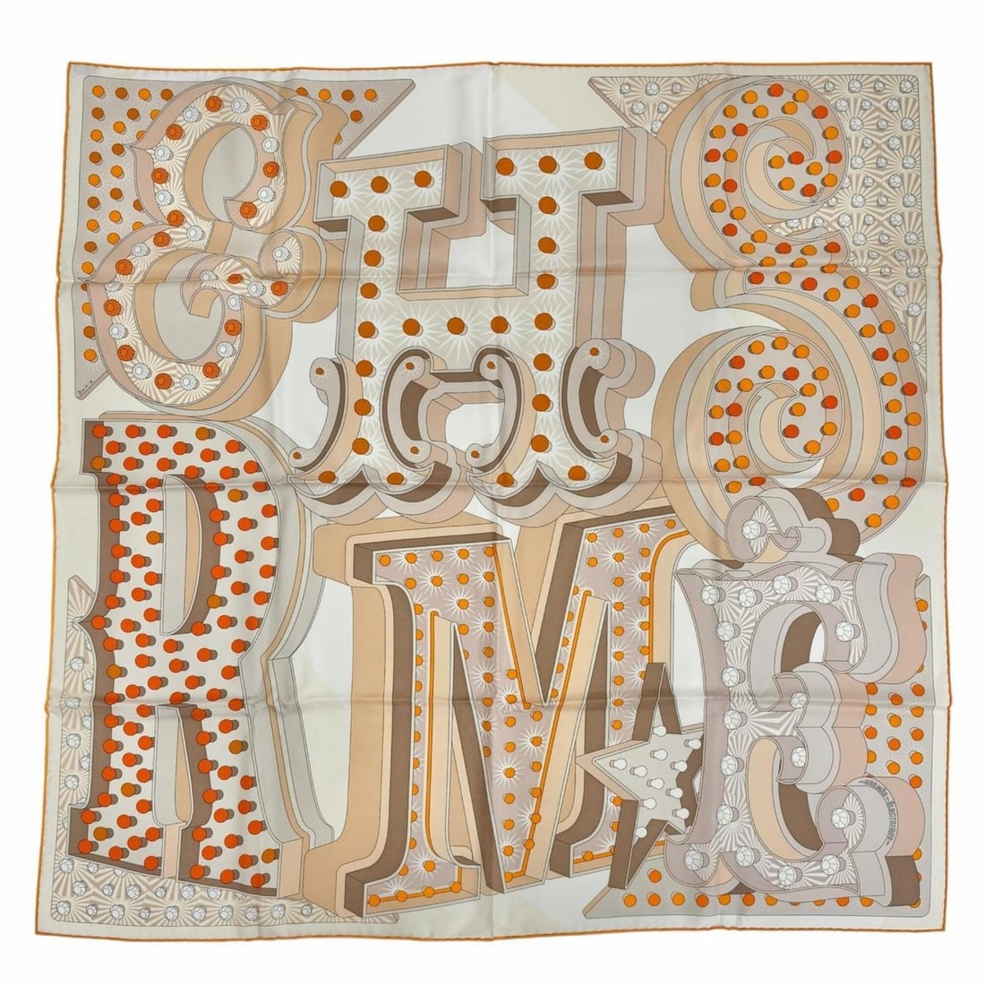 HERMES Carre 90 ELECTRIQUE 100% Silk Scarf/Muffler, Beige/Orange, Made in France, Women's, with Box.: --- Catalog ---Category: SizeSize (LxW): 89cm x 88cm / 35.03'' x 34.64''Category: DesignType: ScarfColor: Beige, OrangeGender: WomenMaterial: Silk Category: GeneralBrand: HermesCountry of Origin: Fran