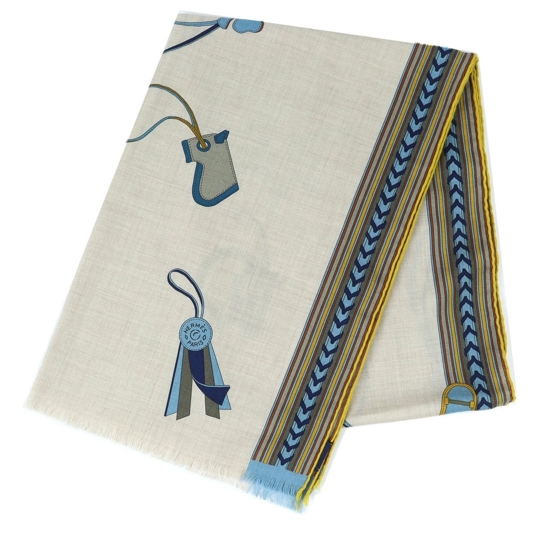 HERMES Rectangle BRIDES ET GRIS (Bridles and Charms) Cashmere Silk Fringe: --- Catalog ---Category: SizeSize (LxW): 1.92m x 64cm / 75.59'' x 25.19''Category: DesignType: ScarfColor: Beige, Blue, YellowGender: Men,WomenMaterial: Cashmere , Silk Category: GeneralBrand: HermesC