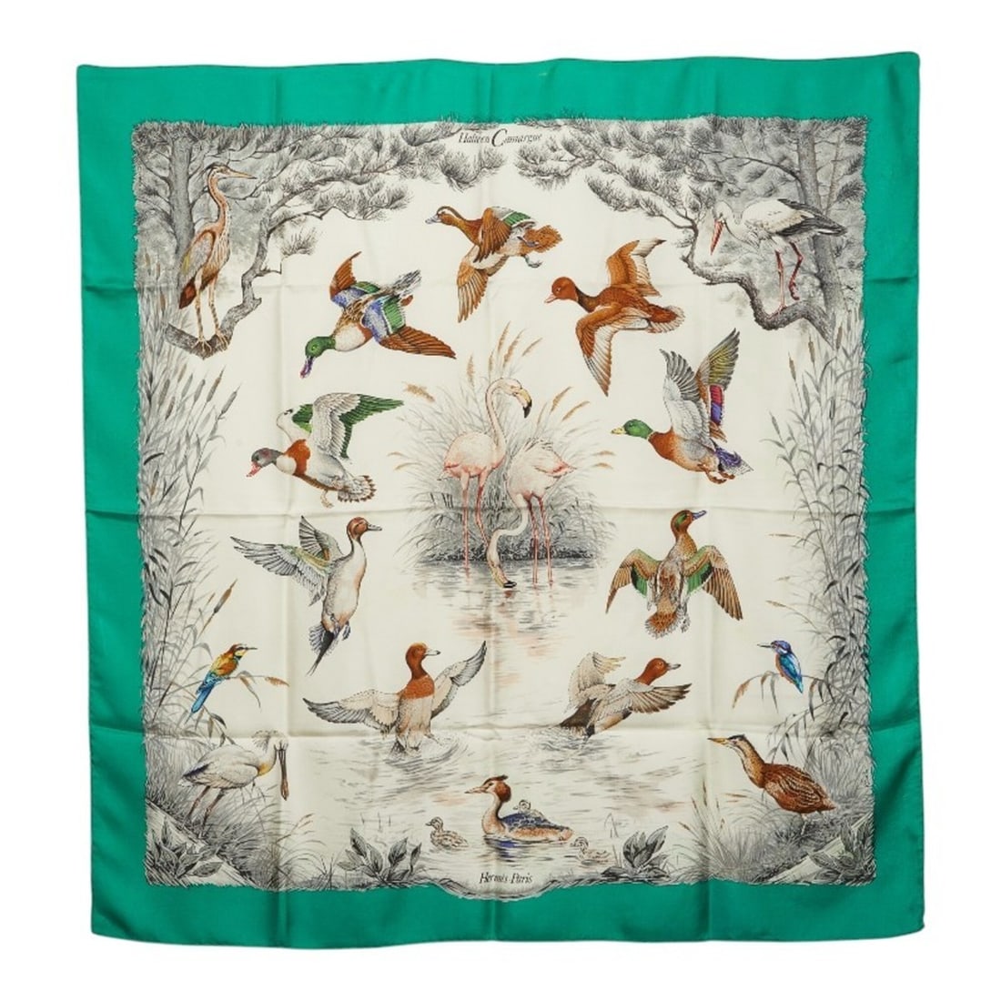 Hermes Carre 90 Halte en Camargue (A Rest in the Camargue) Scarf/Muffler, Green Multicolor Silk,: --- Catalog ---Category: SizeSize (LxW): 89cm x 86cm / 35.03'' x 33.85''Category: DesignType: ScarfColor: Green, Multi-colorGender: WomenMaterial: Silk Category: GeneralBrand: Hermes--- Item List ---S