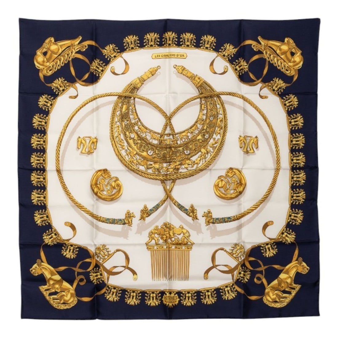 Hermes Carre 90 LES CAVALIERS D'OR (Golden Knights) Scarf/Muffler, Navy Multicolor Silk, Women's.: --- Catalog ---Category: SizeSize (LxW): 88cm x 88cm / 34.64'' x 34.64''Category: DesignType: ScarfColor: Multi-color, NavyGender: WomenMaterial: Silk Category: GeneralBrand: Hermes--- Item List ---Se