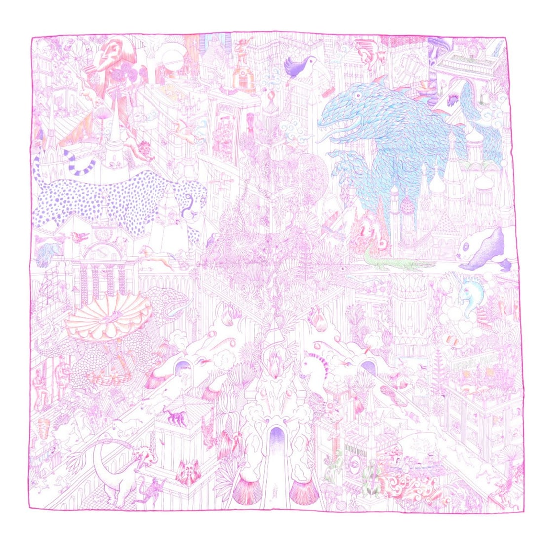Excellent condition Hermes Carre 90 Animapolis silk purple scarf/muffler 0318HERMES: --- Catalog ---Category: SizeSize (LxW): 90cm x 90cm / 35.43'' x 35.43''Category: DesignType: ScarfColor: Blue, Orange, PurpleGender: WomenMaterial: Silk Category: GeneralBrand: HermesCountry of Origi