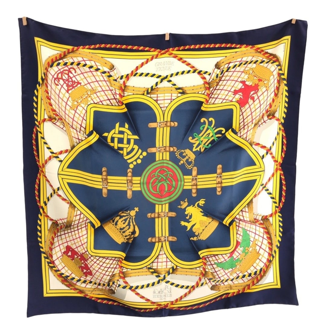 HERMES Grande Tenue Carre 90 Navy Yellow Multicolor Silk Scarf/Muffler for Women: --- Catalog ---Category: SizeSize (LxW): 86cm x 89cm / 33.85'' x 35.03''Category: DesignType: ScarfColor: Multi-color, Navy, YellowGender: WomenMaterial: Silk Category: GeneralBrand: HermesCountry of