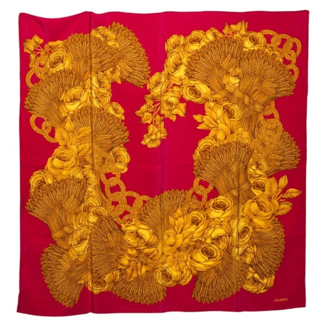 Chanel Camellia Coco Mark Scarf Muffler Pink Gold Silk Women's CHANEL: --- Catalog ---Category: SizeSize (LxW): 96cm x 96cm / 37.79'' x 37.79''Category: DesignType: ScarfColor: Gold, PinkGender: WomenMaterial: Silk Category: GeneralBrand: Chanel--- Item List ---Section: 