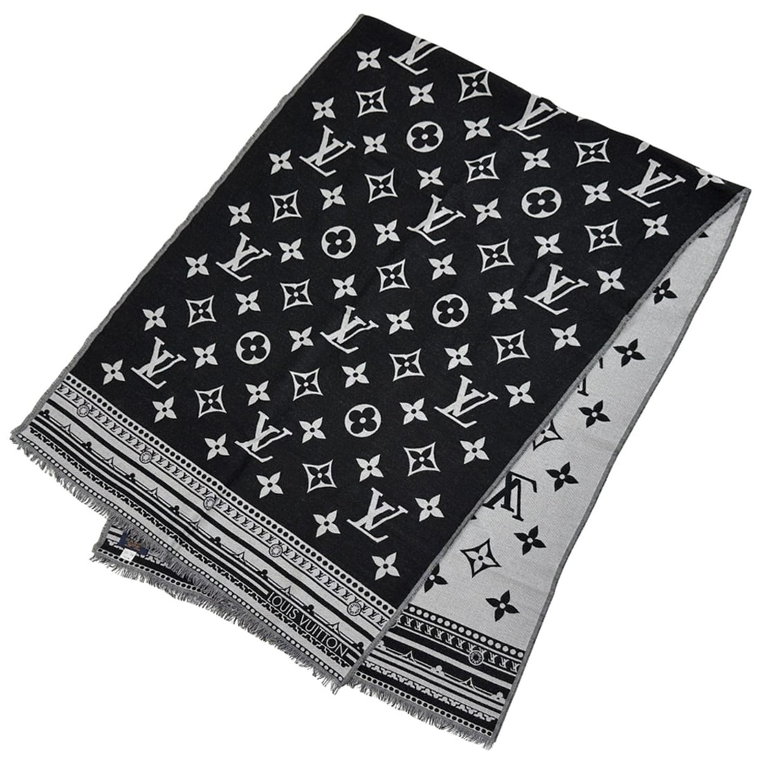 Louis Vuitton LOUIS VUITTON Scarf Muffler Monogram Women's Men's Brand Stole Wool Silk Etol Amazing: --- Catalog ---Category: SizeSize (LxW): 1.95m x 68cm / 76.77'' x 26.77''Category: DesignType: ShawlColor: Black, GrayGender: Men,WomenMaterial: Wool , Silk Category: GeneralBrand: Louis VuittonCountr