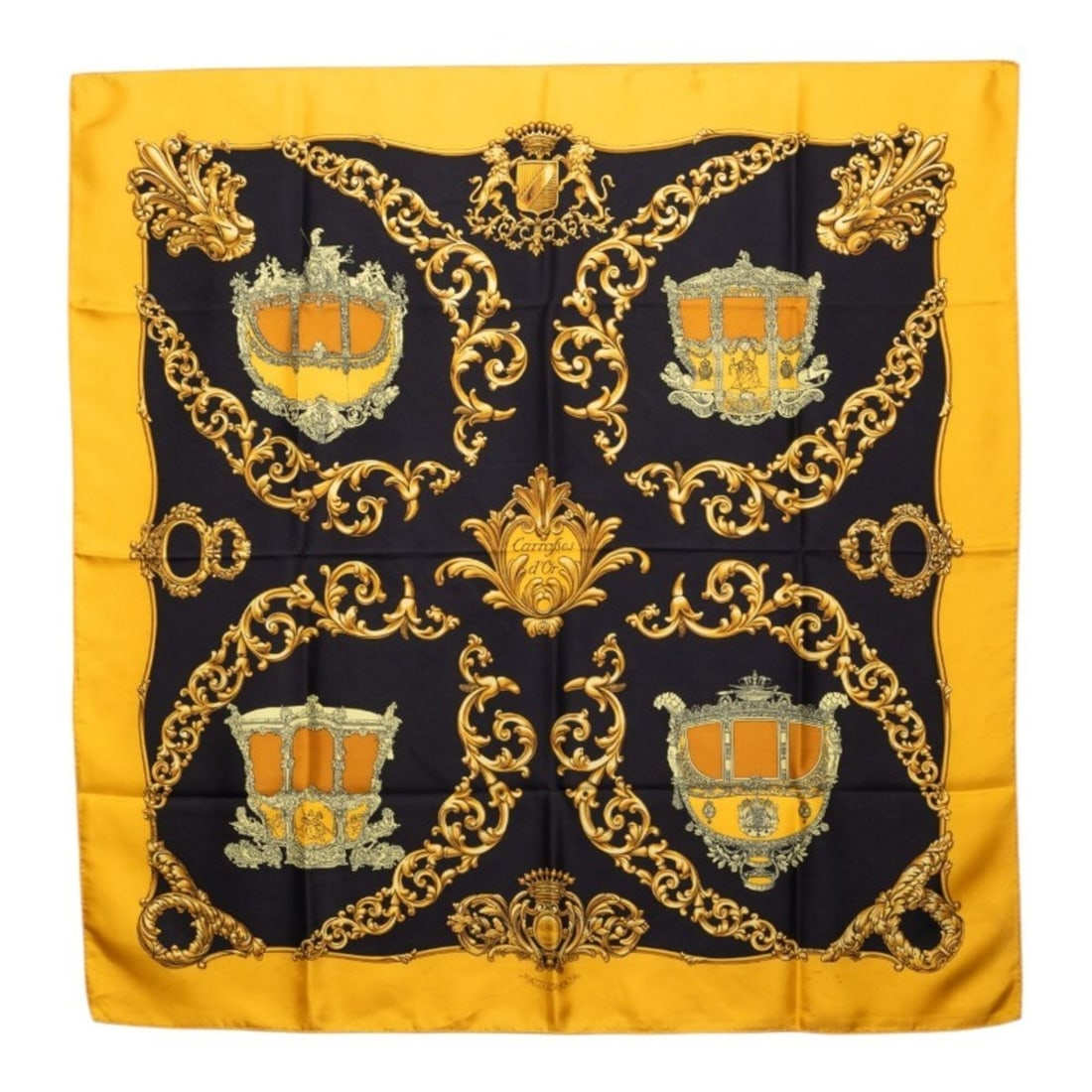 Hermes Carre 90 Carrosses d'Or (Golden Carriage) Scarf/Muffler, Yellow Multicolor Silk, Women's.: --- Catalog ---Category: SizeSize (LxW): 88.5cm x 87cm / 34.84'' x 34.25''Category: DesignType: ScarfColor: Multi-color, YellowGender: WomenMaterial: Silk Category: GeneralBrand: Hermes--- Item List -