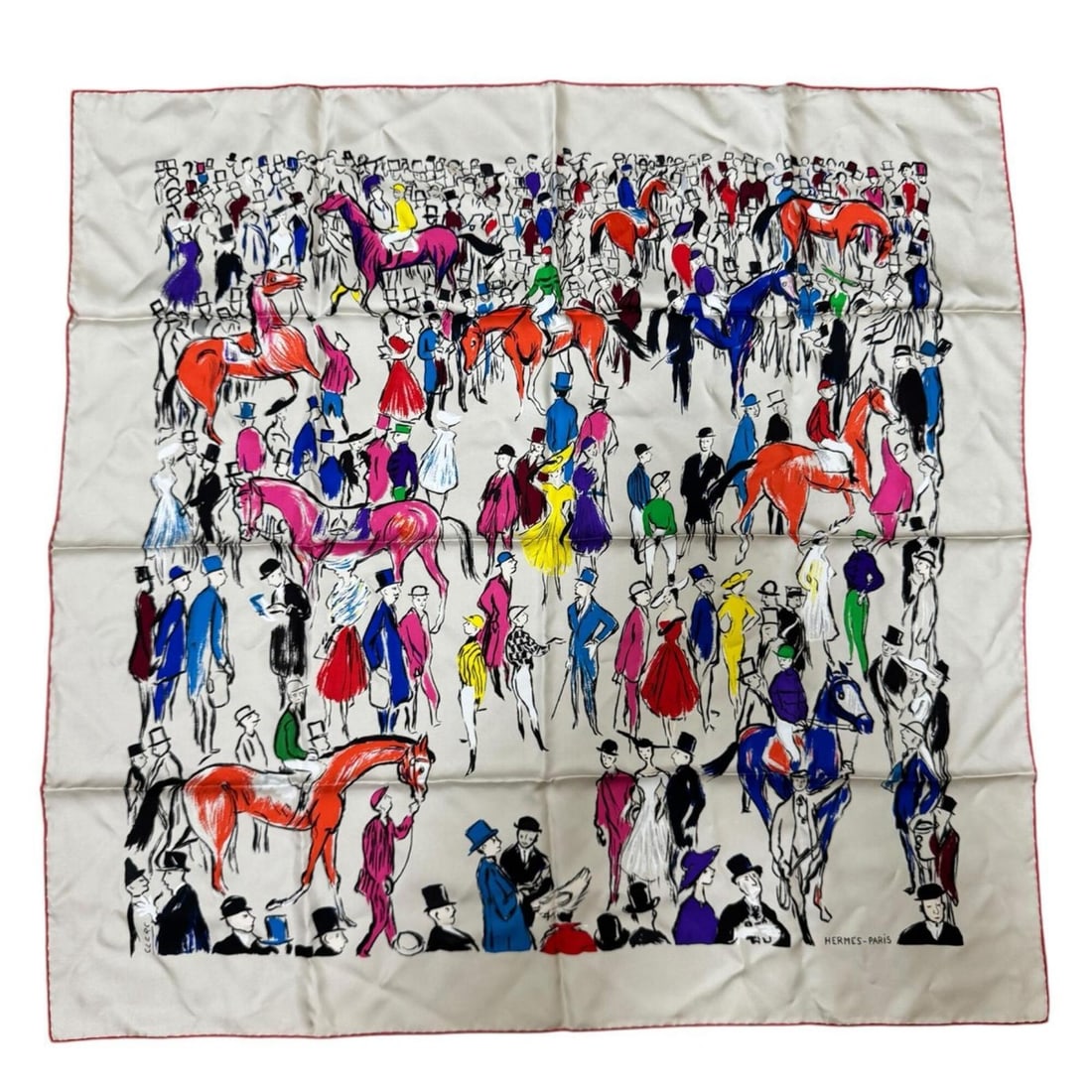 Hermes Carre 90 Paddock Scarf/Muffler, Silk, Women's: --- Catalog ---Category: SizeSize (LxW): 90cm x 90cm / 35.43'' x 35.43''Category: DesignType: ScarfColor: Multi-colorGender: WomenMaterial: Silk Category: GeneralBrand: Hermes--- Item List ---Section: