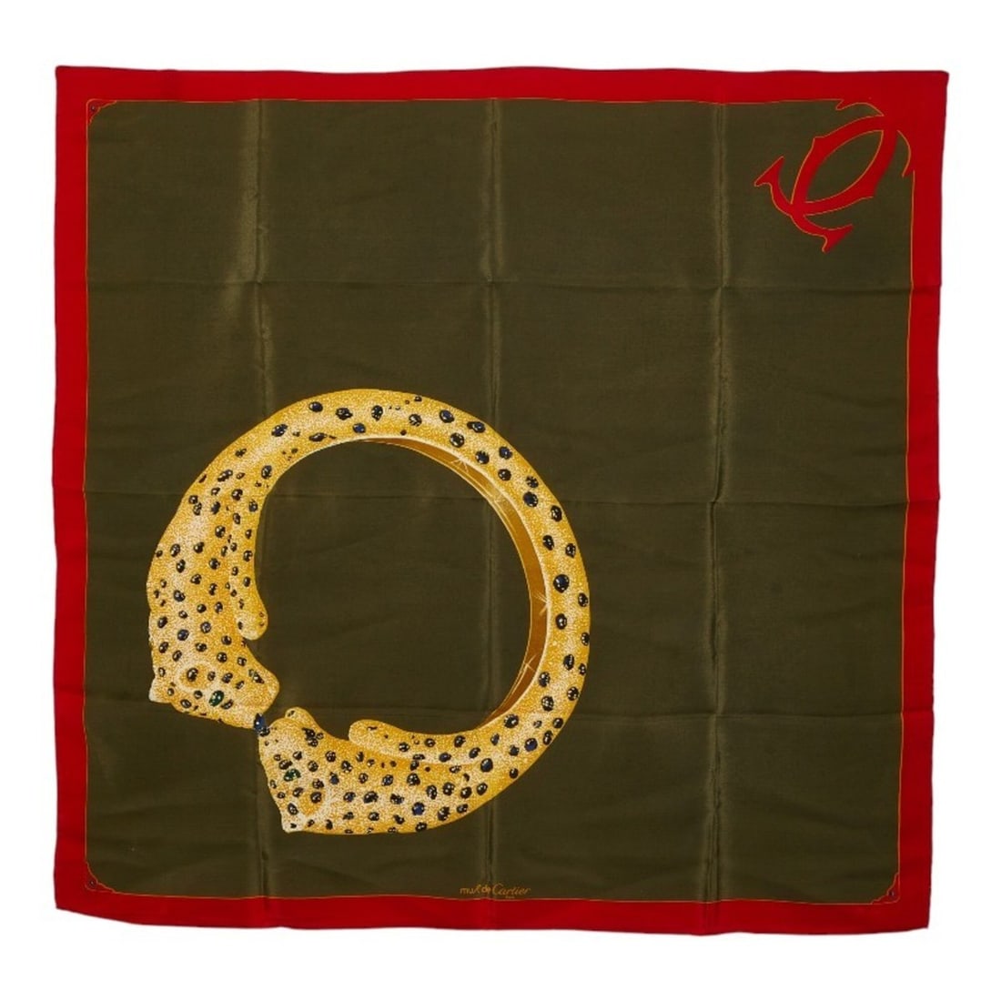 Cartier Vintage Panther Print Scarf/Muffler, Khaki Green/Red, Silk, Women's.: --- Catalog ---Category: SizeSize (LxW): 84cm x 84cm / 33.07'' x 33.07''Category: DesignType: ScarfColor: Green, Khaki, Red colorGender: WomenMaterial: Silk Category: GeneralBrand: Cartier--- Item Lis