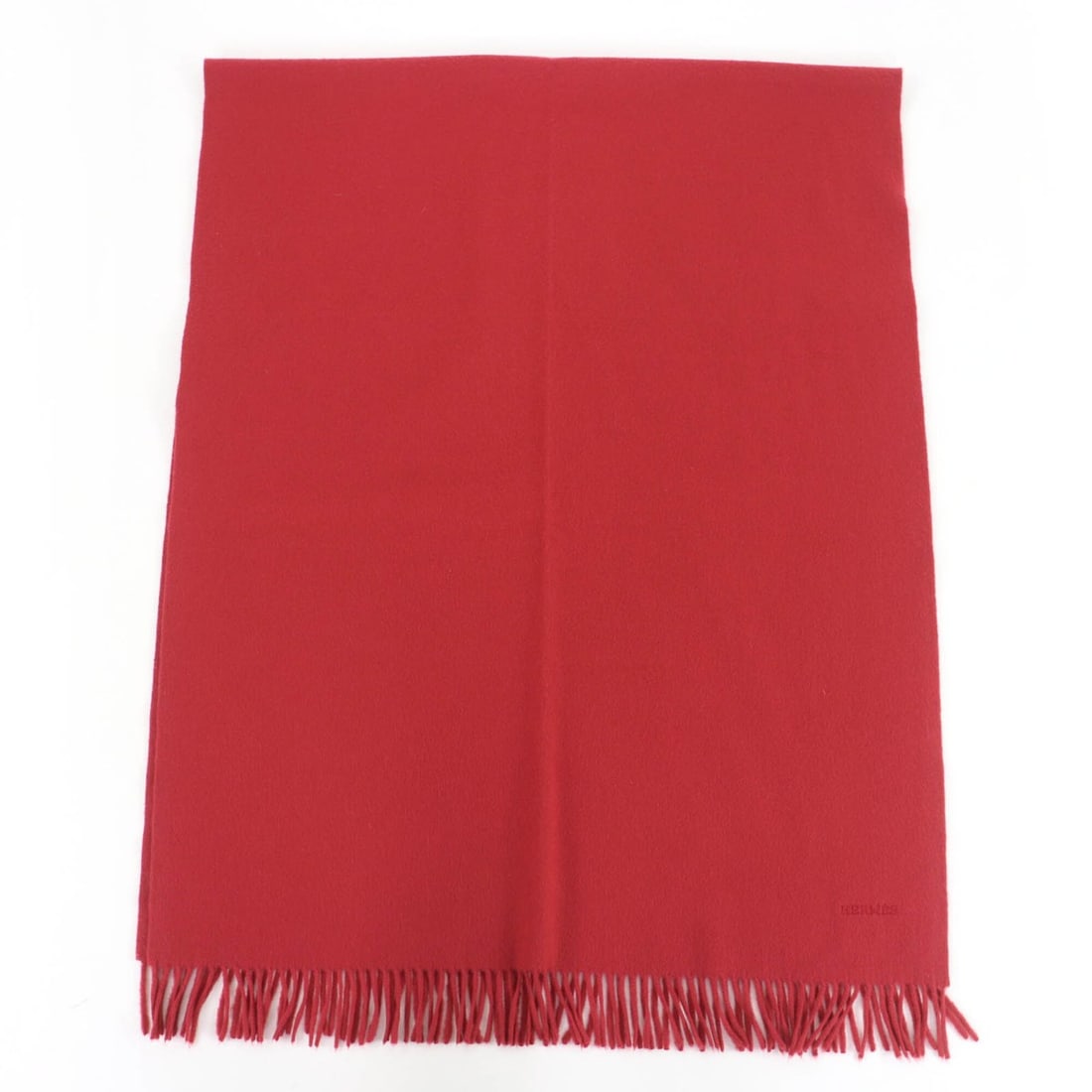 HERMES 100% Cashmere Logo Embroidered Fringe Large Stole/Scarf, Red, Made in Scotland, Women's (1 of 8)