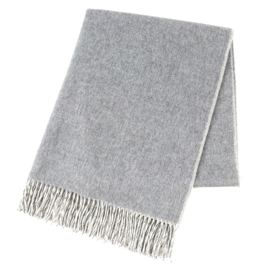 HERMES (H259130S) 100% Cashmere Logo Embroidered Double-Faced Fringe Scarf/Shawl, Grey, Made in: --- Catalog ---Category: SizeSize (LxW): 1.78m x 72cm / 70.07'' x 28.34''Category: DesignType: StoleColor: GrayGender: WomenMaterial: Cashmere Category: GeneralMPN: H259130SBrand: HermesCountry of Ori