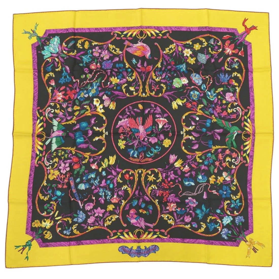 Excellent condition Hermes Carre 90 "Pierres d' Orient et Occident" silk scarf/muffler in black,: --- Catalog ---Category: SizeSize (LxW): 88cm x 88cm / 34.64'' x 34.64''Category: DesignType: ScarfColor: Black, Purple, YellowGender: WomenMaterial: Silk Category: GeneralBrand: HermesCountry of Orig