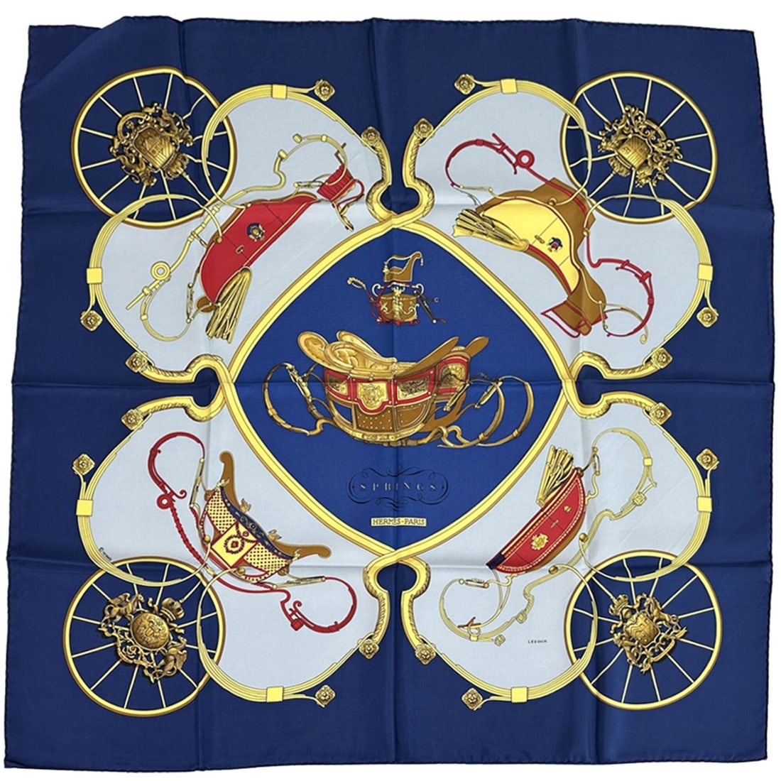 Hermes scarf/muffler, Carre 90, Springs collection, women's, brand name, silk, navy blue, (1 of 8)