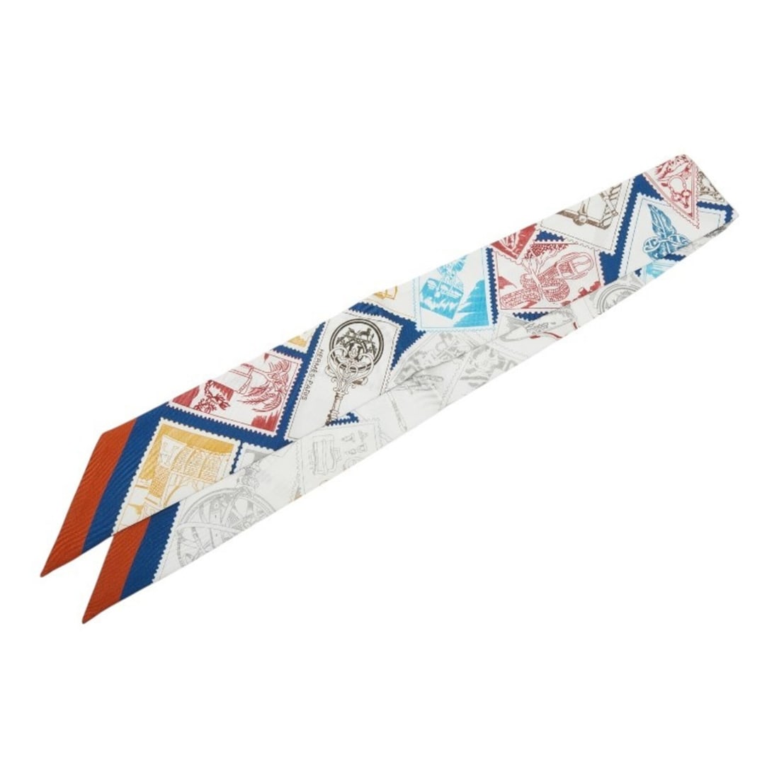 Hermes Twilly LE PHILATELISTE DU FAUBOURG (The Faubourg Stamp Enthusiast) Scarf/Muffler,: --- Catalog ---Category: SizeSize (LxW): 5.5cm x 88cm / 2.16'' x 34.64''Category: DesignType: ScarfColor: Multi-color, WhiteGender: WomenCategory: GeneralLine: TwillyBrand: Hermes--- Item List ---Sect