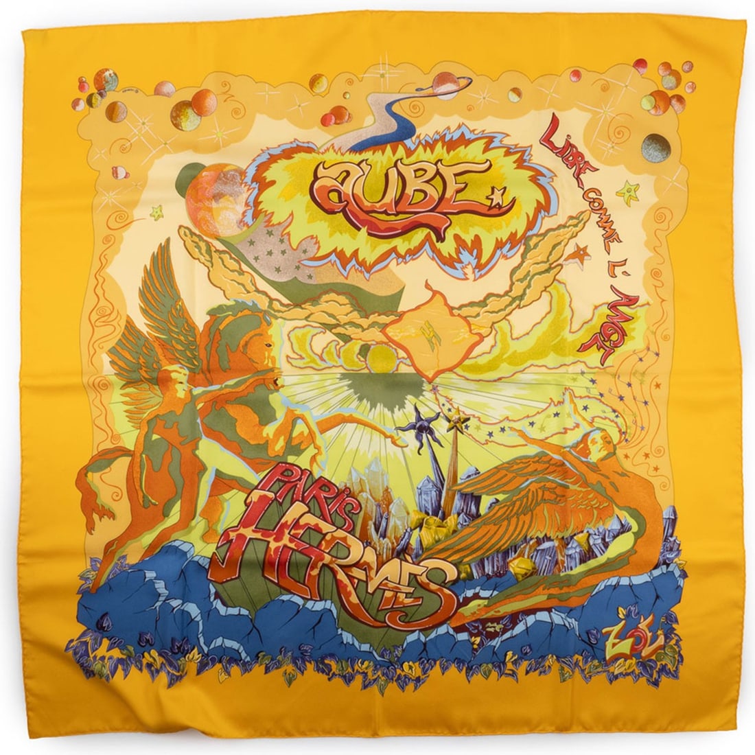 Hermes Carre 90 THE ALFEE 25th Anniversary AUBE LIBRE COMME L'ANGE 100% Silk Yellow Women's Scarf: --- Catalog ---Category: SizeSize (LxW): 90cm x 80cm / 35.43'' x 31.49''Category: DesignType: ScarfColor: YellowGender: WomenMaterial: Silk Category: GeneralBrand: Hermes--- Item List ---Section: Cond