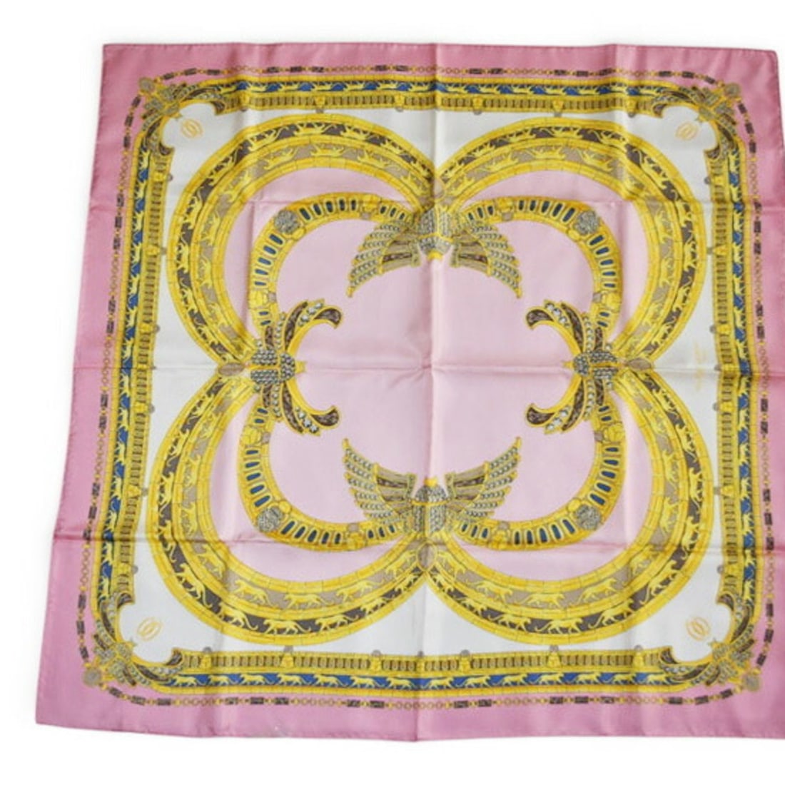 Cartier scarf/muffler/shawl, leopard print, gold and pink, unused.: --- Catalog ---Category: SizeSize (LxW): 88cm x 88cm / 34.64'' x 34.64''Category: DesignType: ScarfColor: PinkGender: WomenMaterial: Silk Category: GeneralBrand: CartierCountry of Origin: France--- It