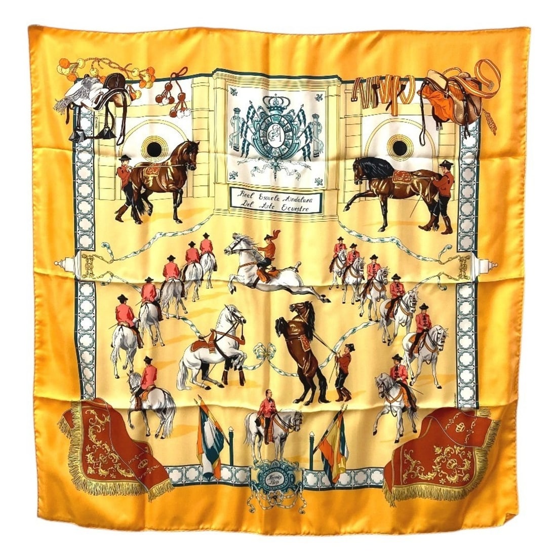 HERMES Real Escuela Andaluza Del Arte Ecuestre (Royal Equestrian School of Andalusia) Carre 90: --- Catalog ---Category: SizeSize (LxW): 90cm x 90cm / 35.43'' x 35.43''Category: DesignType: ScarfColor: Orange, WhiteShape: SquareGender: Men,Women,UnisexMaterial: Silk Category: GeneralBrand: