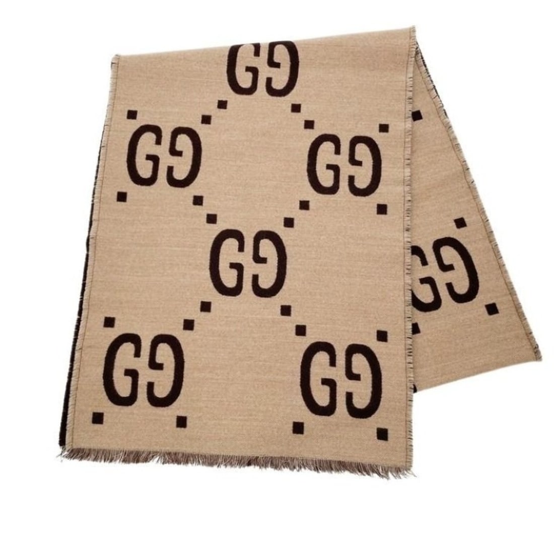 GUCCI GG Jacquard Scarf/Muffler, 495592, Brown/Beige, Wool, Men's/Women's (1 of 6)