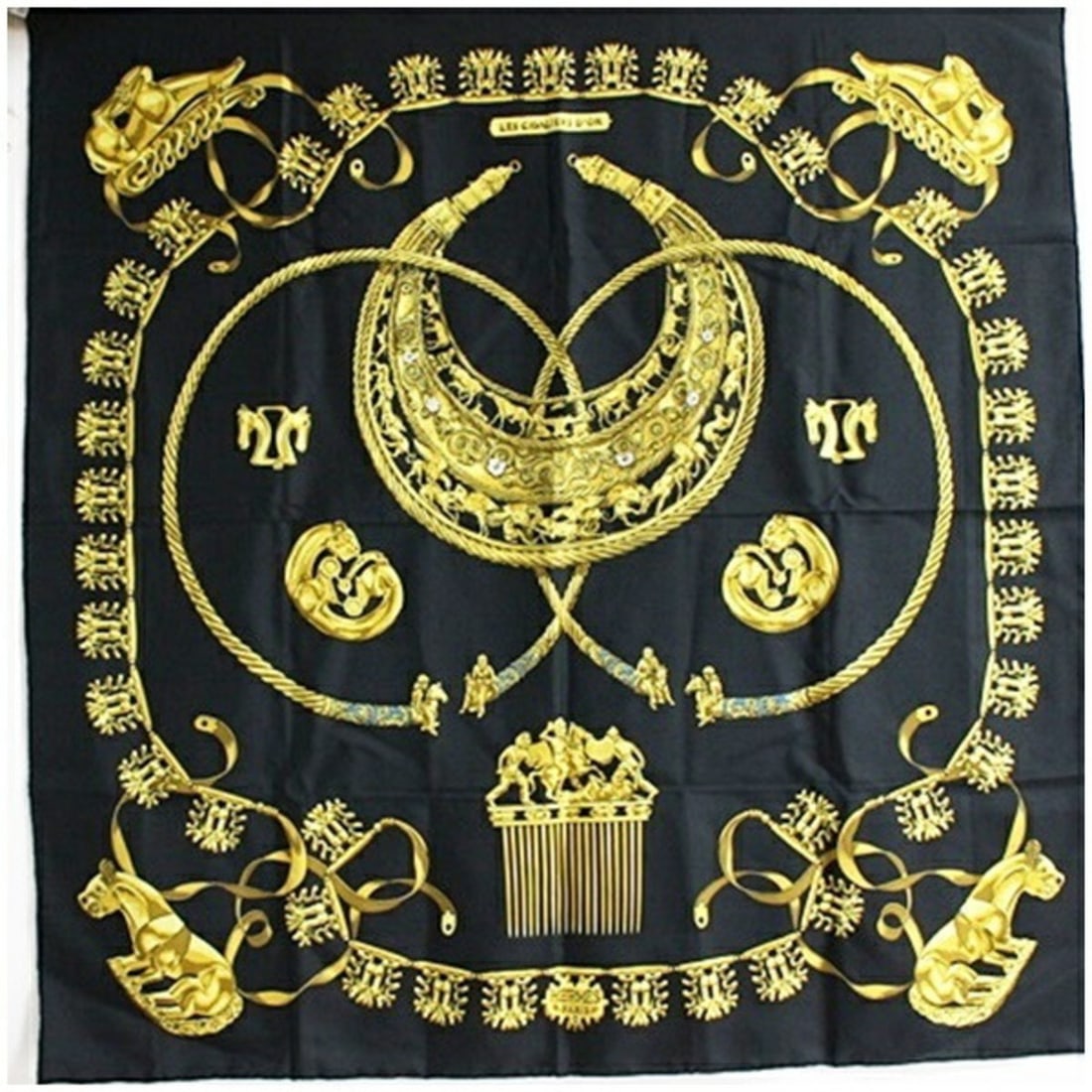 Hermes Silk Scarf Muffler Carre 90 LES CAVALIERS D'OR (Golden Knights) HERMES Women's: --- Catalog ---Category: DesignType: ScarfColor: Black, YellowGender: Men,WomenMaterial: Silk Category: GeneralBrand: Hermes--- Item List ---Section: ConditionRanking: Rank A Used - A few traces of us