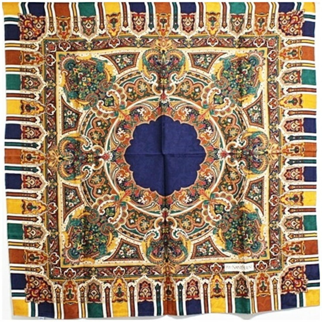 Yves Saint Laurent Wool Silk Large Scarf Stole Muffler Navy x Multicolor YVES SAINT LAURENT Women's: --- Catalog ---Category: SizeSize (LxW): 1.04m x 1.04m / 40.94'' x 40.94''Category: DesignType: ScarfColor: Multi-color, NavyGender: Men,WomenMaterial: Wool , Silk Category: GeneralBrand: Yves Saint L