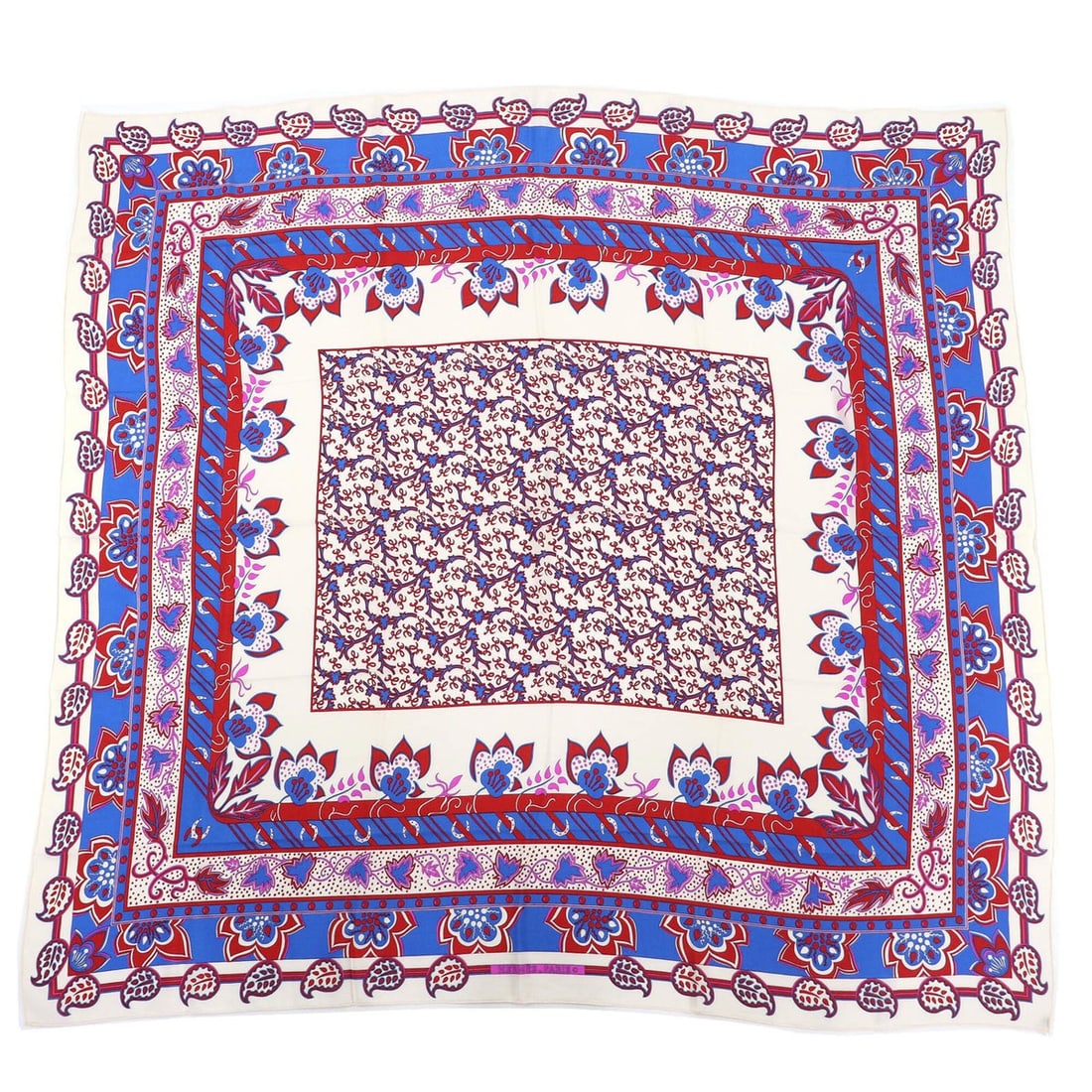 HERMES 100% Silk Paisley Pattern Stole/Shawl/Scarf in Ivory, Red, and Blue. Comes with original box.: --- Catalog ---Category: SizeSize (LxW): 1.2m x 1.25m / 47.24'' x 49.21''Category: DesignType: StoleColor: Blue, Ivory, Red colorGender: WomenMaterial: Silk 100%Category: GeneralBrand: HermesCountry o