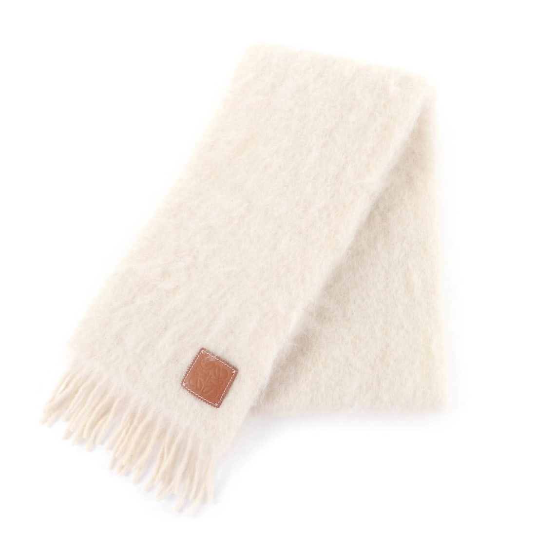 LOEWE 28003861 Mohair and Wool Blend Scarf with Anagram Leather Patch, Fringe, Ivory, Made in Spain,: --- Catalog ---Category: SizeSize (LxW): 1.77m x 22cm / 69.68'' x 8.66''Category: DesignType: StoleColor: IvoryGender: WomenMaterial: Mohair 50%, Wool 48%, Nylon 2%Category: GeneralBrand: LoeweCountry