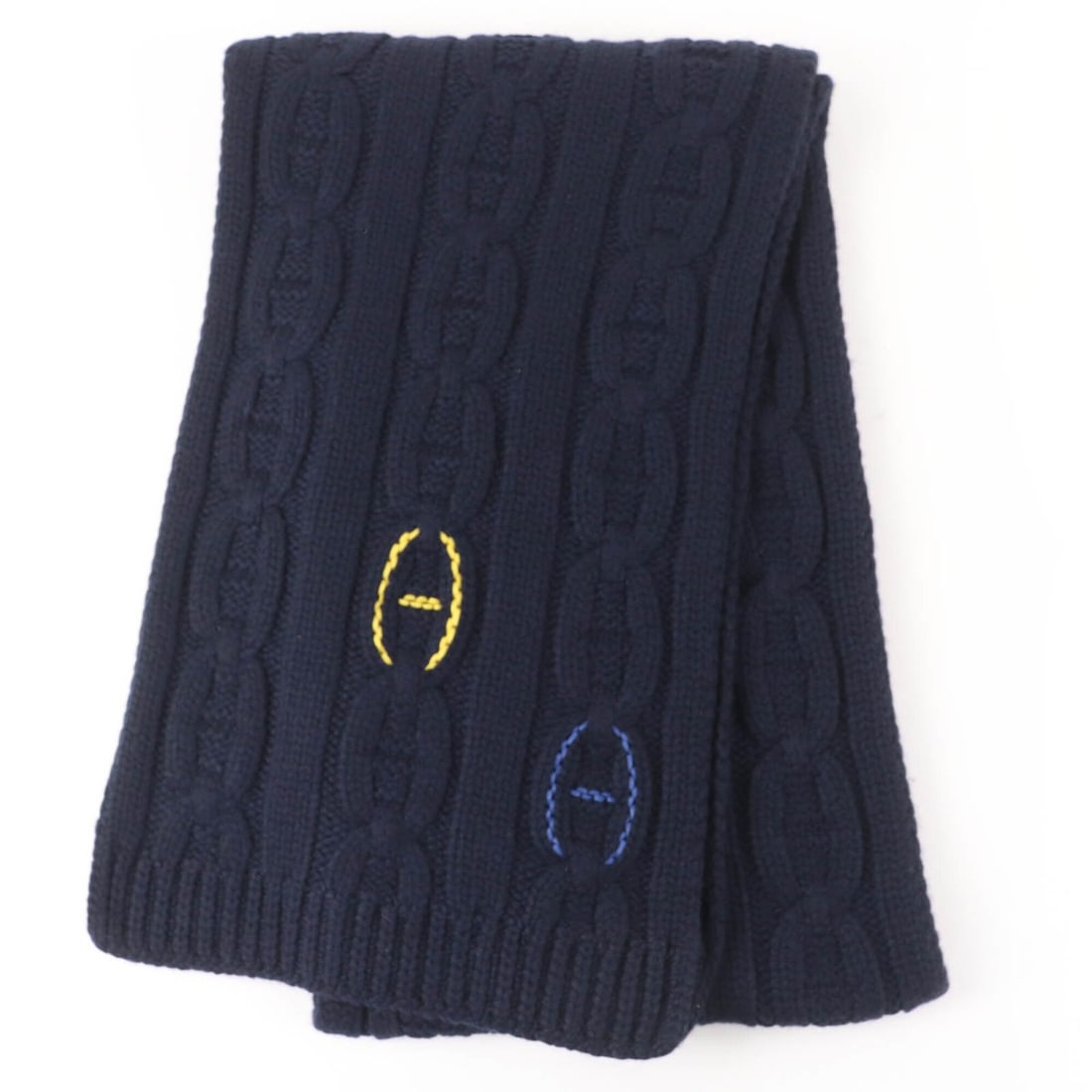 HERMES TRI-MAILLON 100% Cashmere Scarf with Lambskin Leather Accents, Chaine d'Ancre Knit, Navy,: --- Catalog ---Category: SizeSize (LxW): 2m x 29cm / 78.74'' x 11.41''Category: DesignType: StoleColor: NavyGender: MenMaterial: Cashmere 100%Category: GeneralBrand: HermesCountry of Origin: Italy--- 