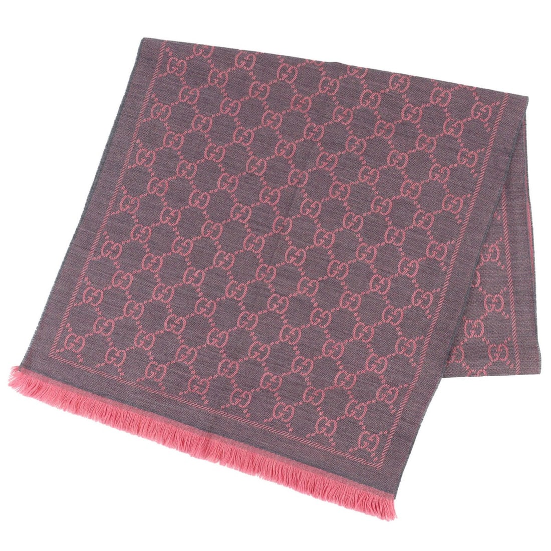 GUCCI 133483 GG Wool Scarf/Shawl, Rose Pink, Mini Fringe, with Box, Made in Italy, Women's.: --- Catalog ---Category: SizeSize (LxW): 1.88m x 48cm / 74.01'' x 18.89''Category: DesignType: StoleColor: PinkGender: WomenMaterial: Wool 100%Category: GeneralBrand: GucciCountry of Origin: Italy--- 