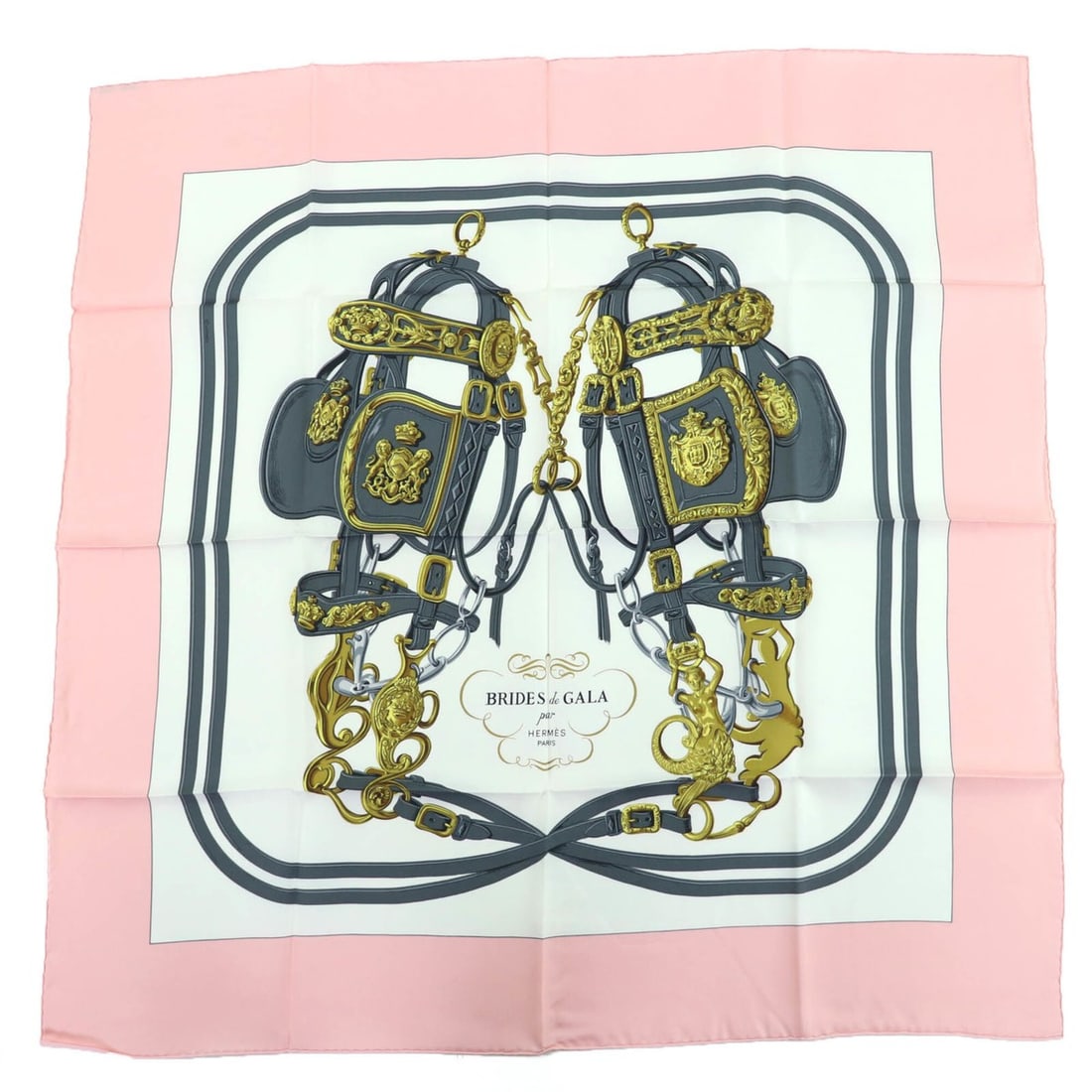 HERMES Carre 90 BRIDES de GALA (Ceremonial Horse Bridle) 100% Silk Large Scarf/Muffler, Pink, with: --- Catalog ---Category: SizeSize (LxW): 89cm x 87cm / 35.03'' x 34.25''Category: DesignType: ScarfColor: PinkGender: WomenMaterial: Silk 100%Category: GeneralBrand: HermesCountry of Origin: France---