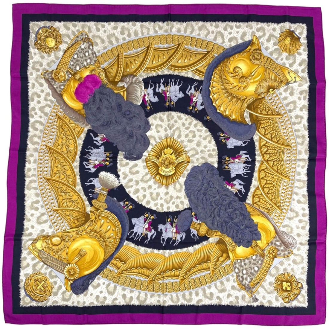 Hermès HERMES Carré 90 "CASQUES et PLUMETS" Faceless Helmet Scarf, Silk, Purple Multicolor,: --- Catalog ---Category: SizeSize (LxW): 90cm x 88cm / 35.43'' x 34.64''Category: DesignType: ScarfColor: Multi-color, PurpleGender: WomenMaterial: Silk 100%Category: GeneralBrand: Hermes--- Item List