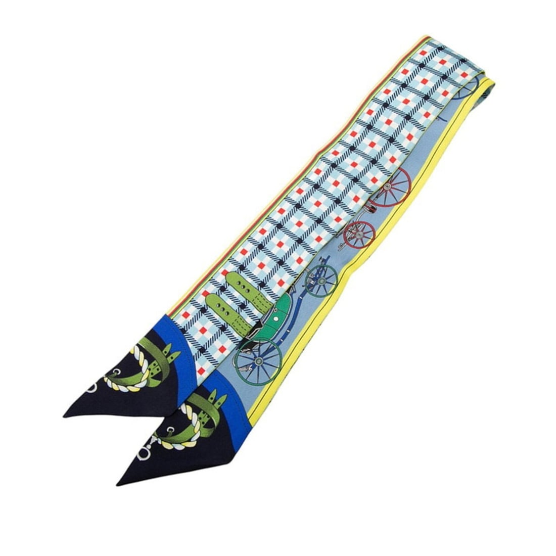 Hermes Twilly Les Voitures Nouvelles (The Evolution of Horse-Drawn Carriages) Scarf/Muffler, Blue: --- Catalog ---Category: SizeSize (LxW): 85cm x 5cm / 33.46'' x 1.96''Category: DesignType: ScarfColor: Blue, Multi-colorGender: WomenMaterial: Silk Category: GeneralBrand: Hermes--- Item List ---Sect