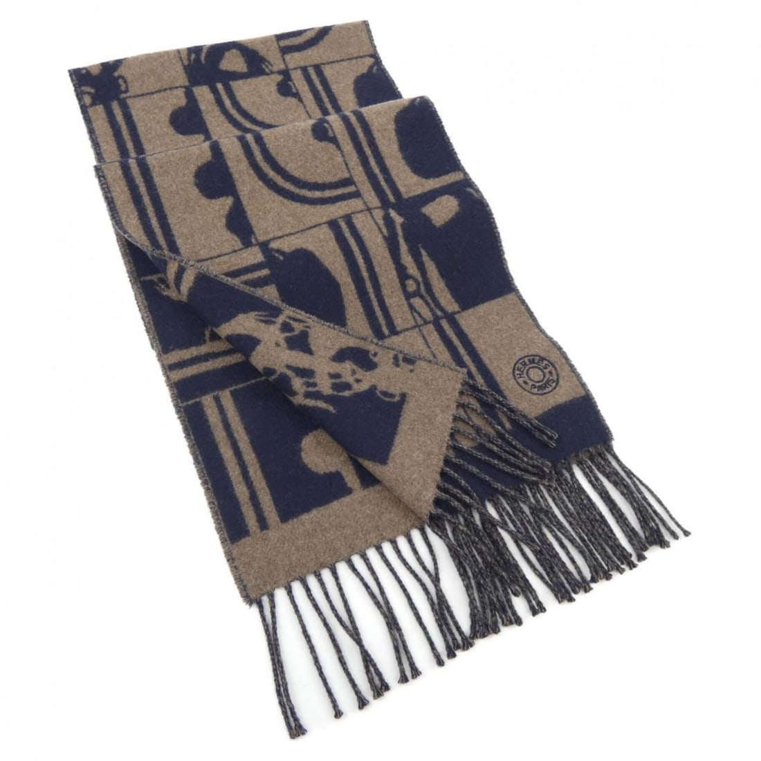 Hermes scarf: --- Catalog ---Category: SizeSize (LxW): 1.49m x 25.5cm / 58.66'' x 10.03''Category: DesignType: StoleColor: Brown, NavyGender: MenMaterial: Cashmere Category: GeneralBrand: Hermes--- Item List ---Sec