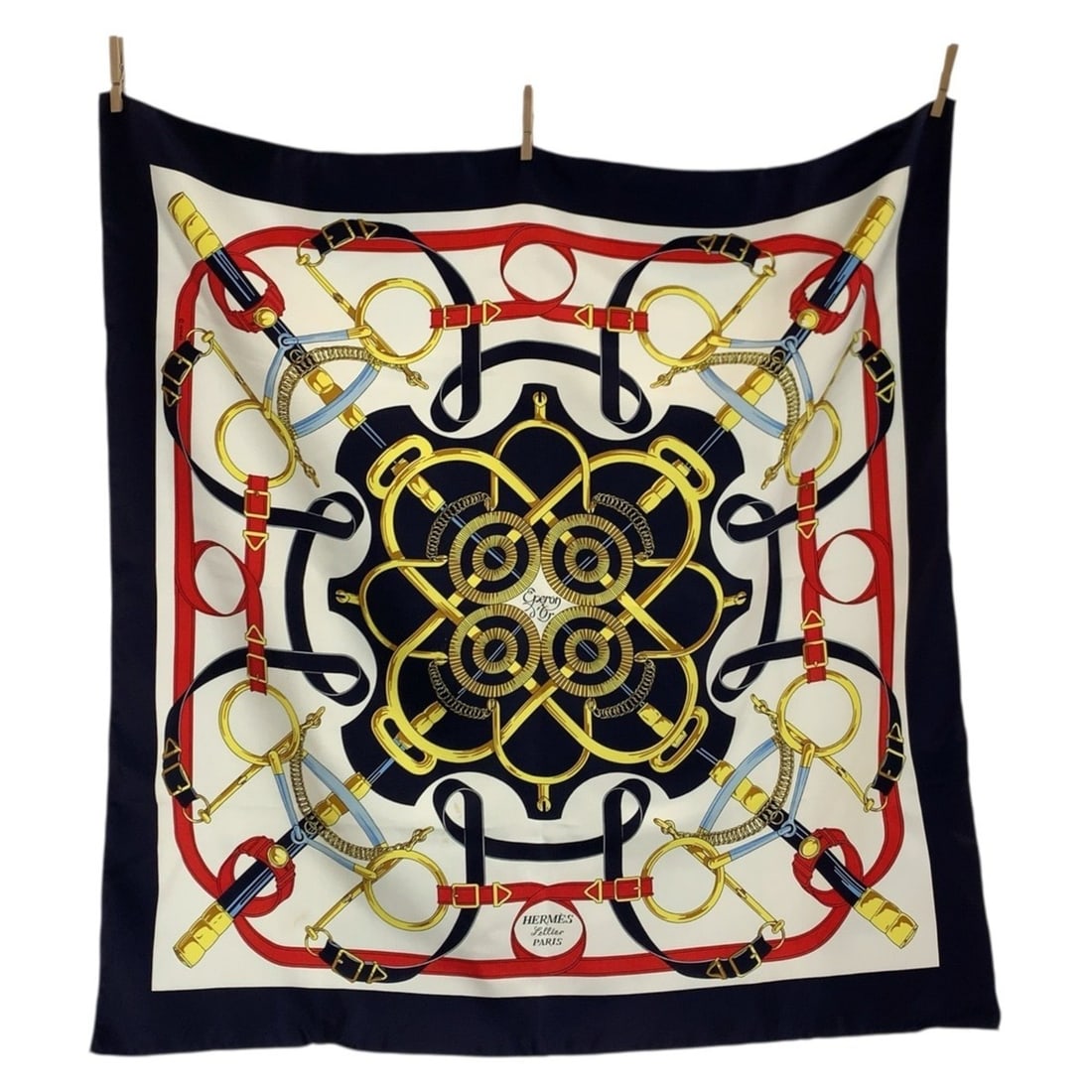 HERMES Eperon d'Or (Golden Spur) Carre 90 Multicolor Silk Scarf/Muffler for Women: --- Catalog ---Category: SizeSize (LxW): 88cm x 88cm / 34.64'' x 34.64''Category: DesignType: ScarfColor: Multi-colorGender: WomenMaterial: Silk Category: GeneralBrand: HermesCountry of Origin: