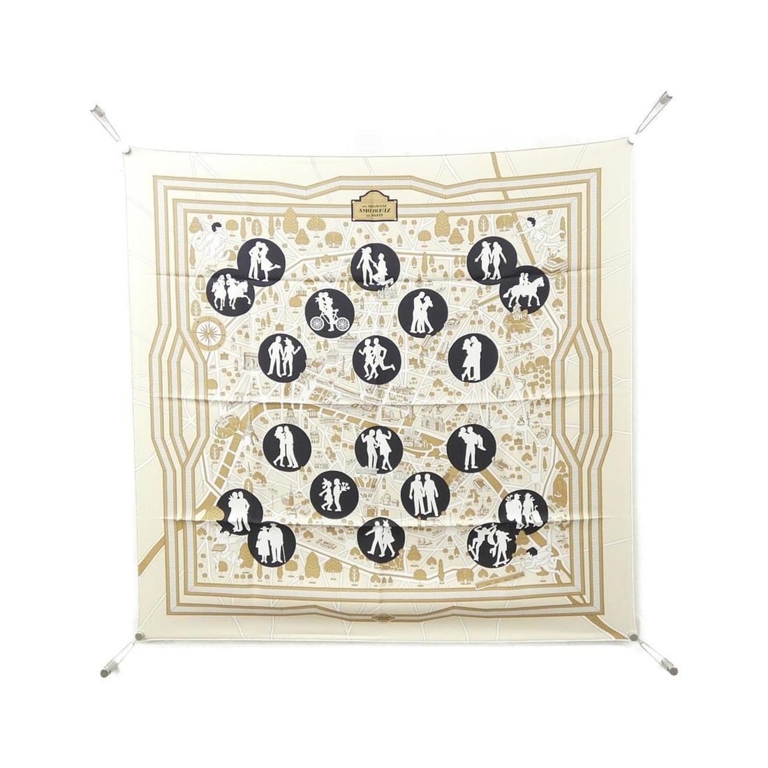 Hermes LES NOUVEAUX AMOUREUX DE PARIS Carre 003329S Scarf/Muffler: --- Catalog ---Category: SizeSize (LxW): 90cm x 90cm / 35.43'' x 35.43''Category: DesignType: ScarfColor: Beige, Black, WhiteGender: WomenMaterial: Silk Category: GeneralBrand: Hermes--- Item List