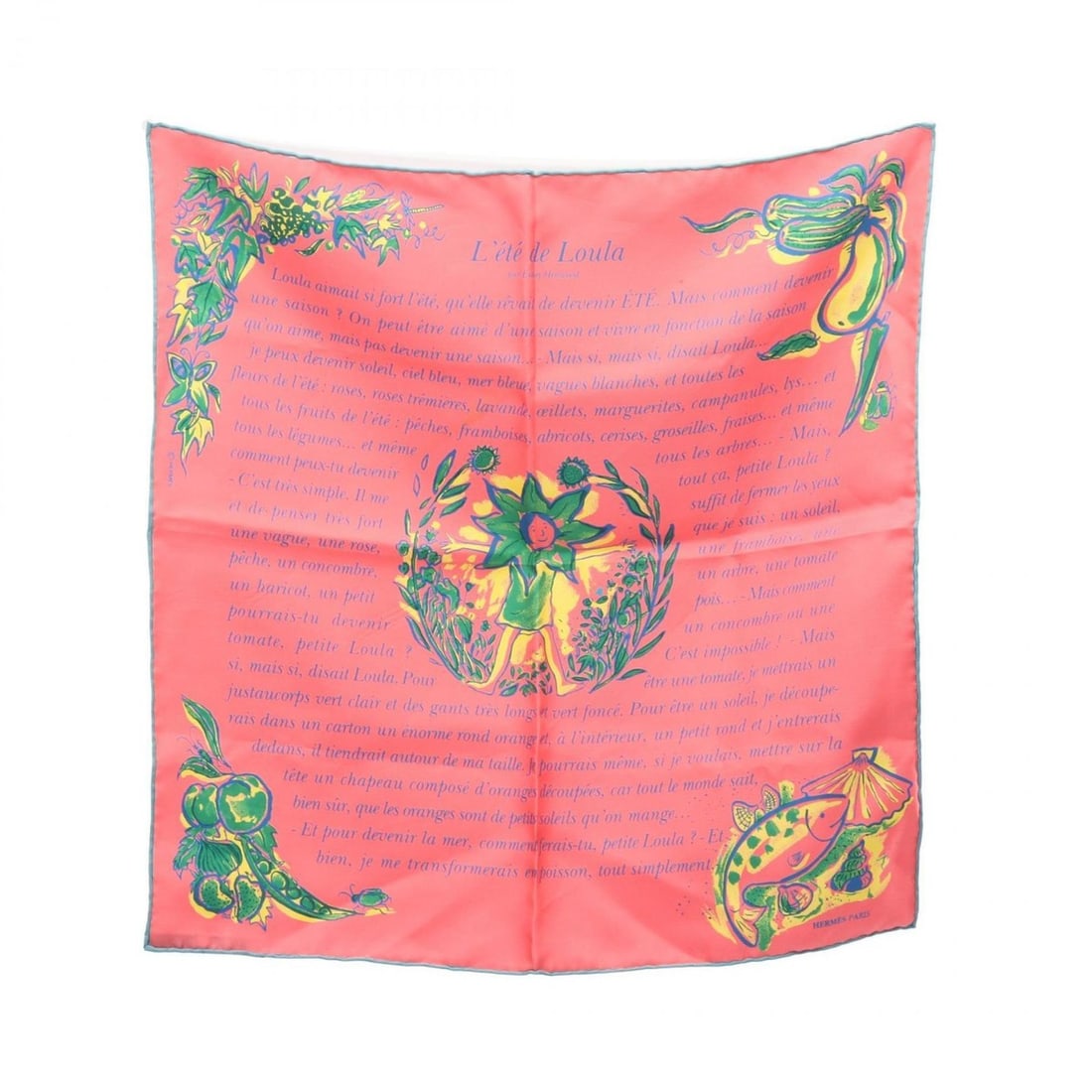 Hermes Petit Carré 45 L'ete de Loula Scarf Muffler Clothing Silk Women's Pink Green Yellow: --- Catalog ---Category: SizeSize (LxW): 42cm x 42cm / 16.53'' x 16.53''Category: DesignType: ScarfColor: Green, Pink, YellowGender: WomenMaterial: Silk Category: GeneralBrand: Hermes--- Item List