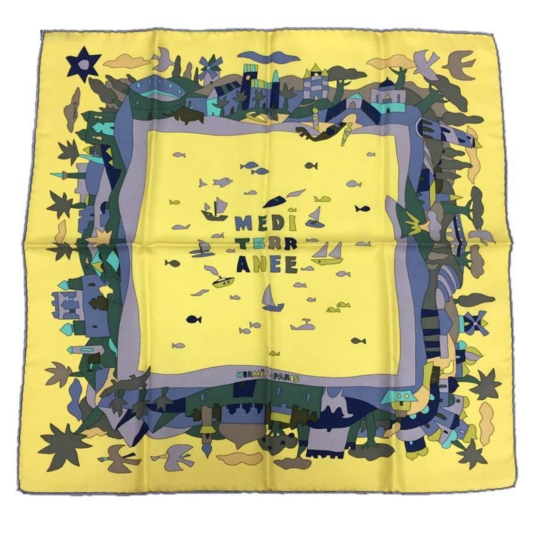 HERMES scarf/muffler, Carre 45, MEDI TERR ANEE (Mediterranean Garden), yellow, 100% silk.: --- Catalog ---Category: SizeSize (LxW): 45cm / 17.71''Category: DesignType: ScarfColor: YellowGender: Men,WomenMaterial: Silk Category: GeneralBrand: HermesCountry of Origin: France--- Item List