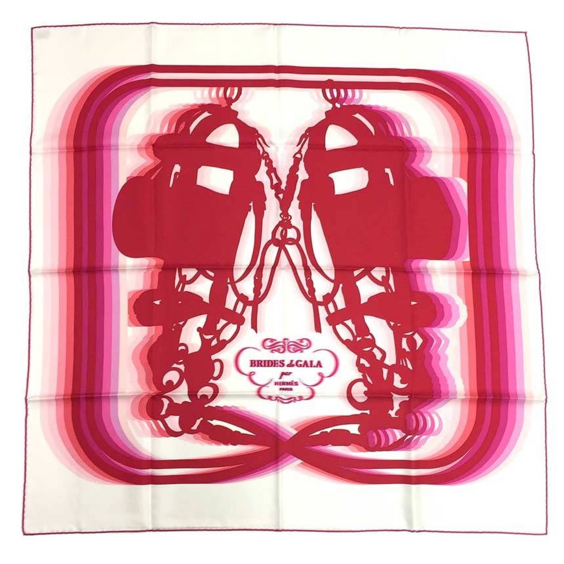 HERMES scarf/muffler, Carre 90, Brides de Gala Shadow (ceremonial horse bridle), white x pink, 100%: --- Catalog ---Category: SizeSize (LxW): 90cm / 35.43''Category: DesignType: ScarfColor: Pink, WhiteGender: WomenMaterial: Silk Category: GeneralBrand: HermesCountry of Origin: France--- Item List