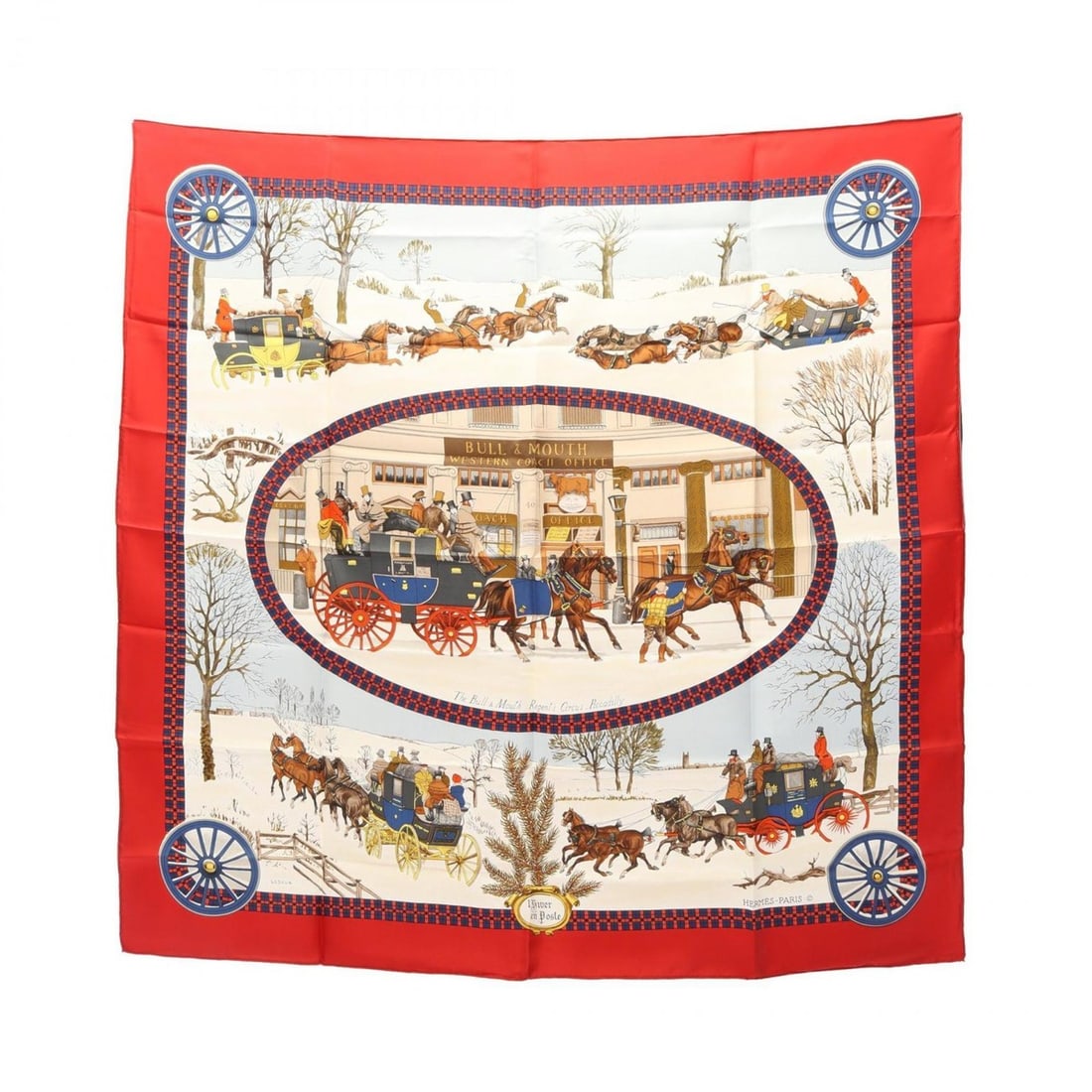 Hermes Carre 90 l'Hiver en Poste scarf, silk, women's, red/multicolor.: --- Catalog ---Category: SizeSize (LxW): 89cm x 89cm / 35.03'' x 35.03''Category: DesignType: ScarfColor: Multi-color, Red colorGender: WomenMaterial: Silk Category: GeneralBrand: HermesCountry of Ori
