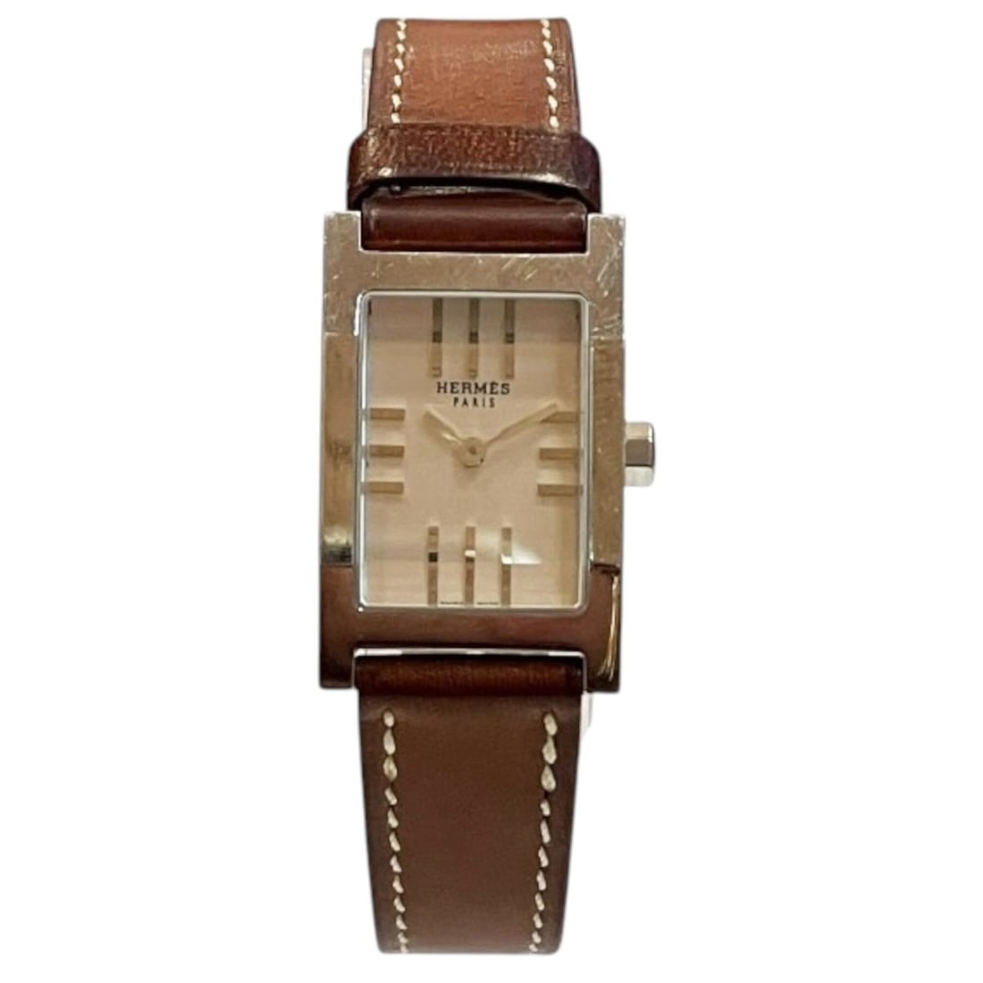 Hermes Tandem watch, total weight 20.4g, stainless steel, genuine leather strap, quartz movement,: --- Catalog ---Category: SizeWrist Size: 13cm - 16cm / 5.11'' - 6.29''Case Diameter: 18.8mm / 0.74''Category: DesignType: WristwatchGender: Women,MenMaterial (Band): LeatherMaterial (Case): Stainless 