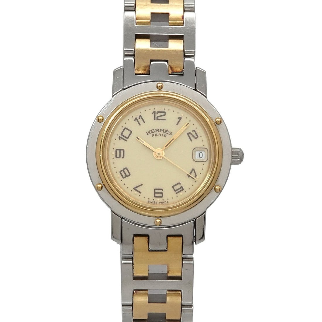 Hermes CL4 220 Women's Watch, Date, Ivory, Quartz Watch: --- Catalog ---Category: SizeWrist Size: 15.5cm / 6.1''Case Diameter: 24mm / 0.94''Category: DesignType: WristwatchGender: WomenColor (Dial): IvoryMaterial (Band): Gold plated, Stainless steelMaterial