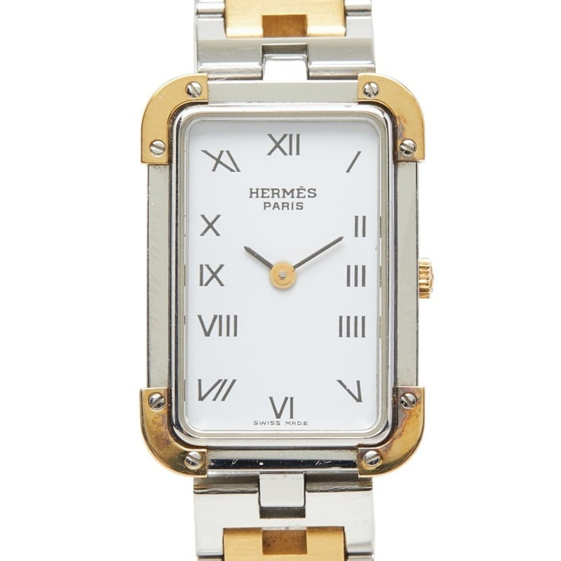 Hermes Croisière watch CR1.220 quartz white dial stainless steel plated women's HERMES: --- Catalog ---Category: SizeWrist Size: 15cm / 5.9''Case Diameter: 18mm / 0.71''Category: DesignType: WristwatchGender: WomenColor (Dial): WhiteMaterial (Band): Gold plated, Stainless steelMaterial (