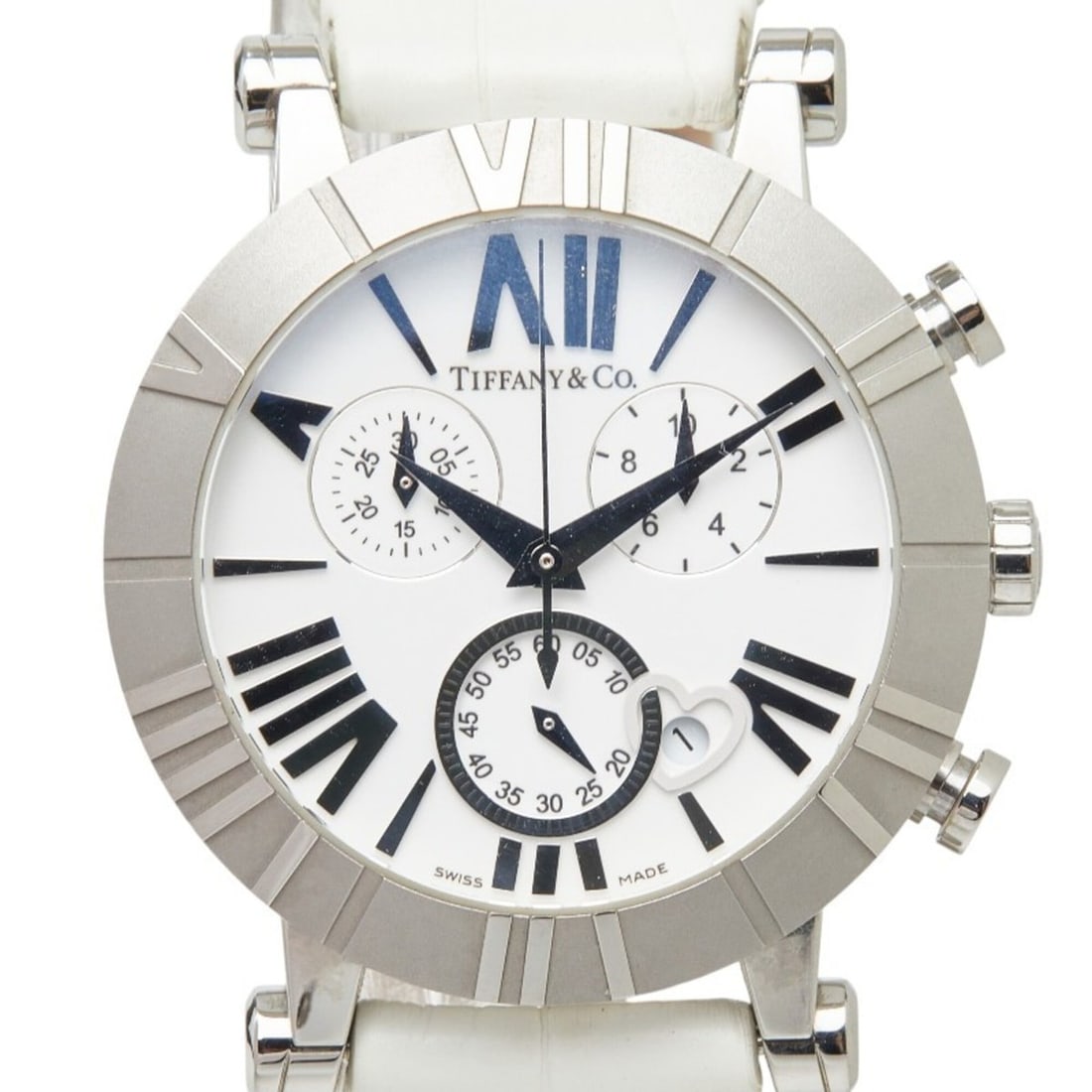 Tiffany & Co. Atlas Chronograph Watch Z1301.32.11A20A71A Quartz White Dial Stainless Steel Leather: --- Catalog ---Category: SizeWrist Size: 17cm / 6.69''Case Diameter: 35.8mm / 1.41''Category: DesignType: WristwatchGender: MenColor (Dial): WhiteMaterial (Band): Ceramic, Leather, Stainless steelMate
