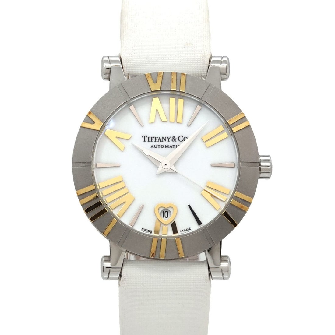 Tiffany & Co. Atlas Combination Z1300 68 16A20A41A Ladies' Watch Heart Date White Yellow Gold: --- Catalog ---Category: SizeWrist Size: 14cm - 17.5cm / 5.51'' - 6.88''Case Diameter: 30mm / 1.18''Category: DesignType: WristwatchGender: WomenColor (Dial): WhiteMaterial (Band): Satin, Stainless st