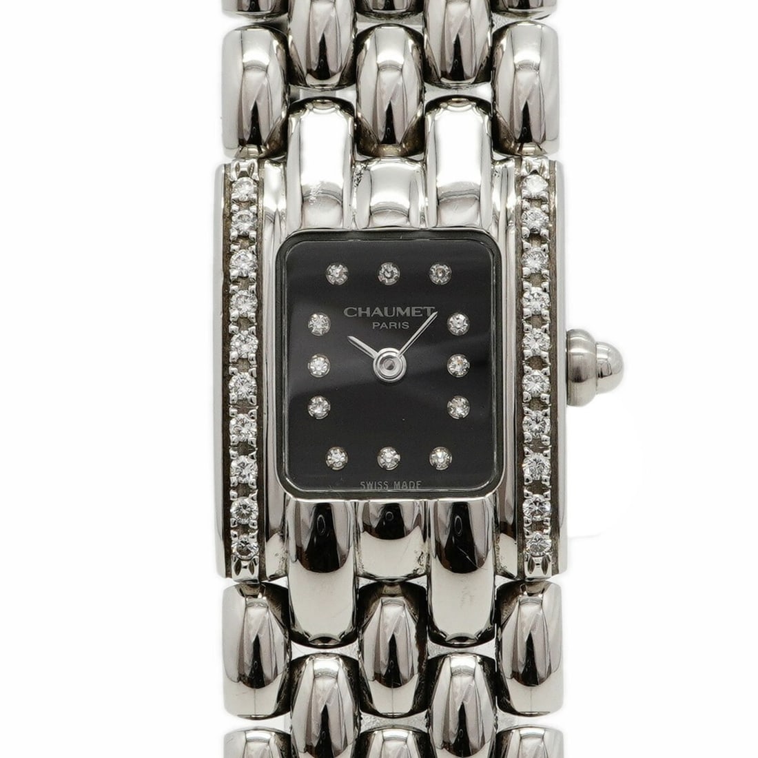 Chaumet Kesis black dial women's watch: --- Catalog ---Category: SizeWrist Size: 14cm / 5.51''Case Diameter: 17.5mm / 0.69''Category: DesignType: WristwatchGender: WomenColor (Dial): BlackMaterial (Band): Stainless steelCategory: GeneralBra