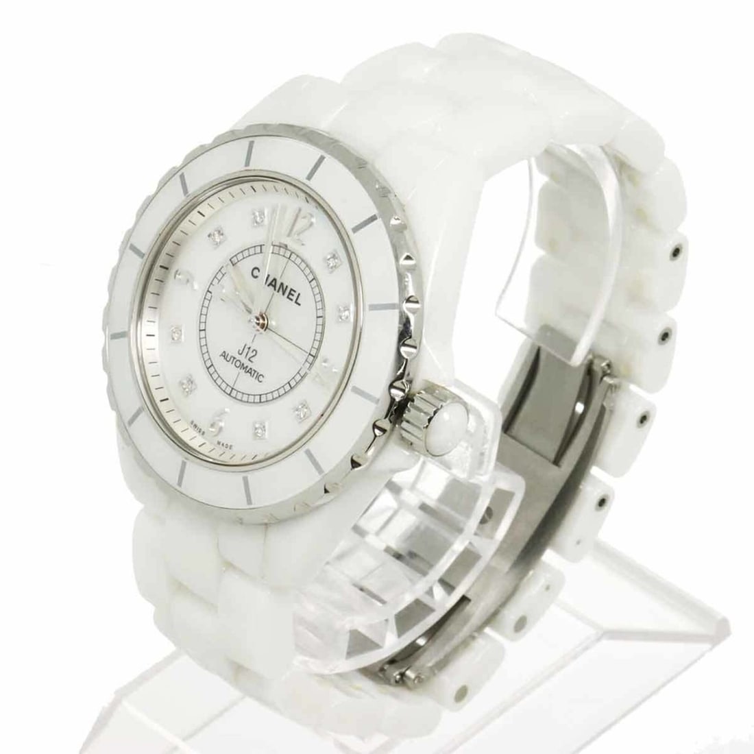 Chanel J12 H2423 Men's Watch, 8 Diamonds, White Shell Ceramic, Automatic Movement: --- Catalog ---Category: SizeWrist Size: 16.5cm / 6.49''Case Diameter: 39mm / 1.54''Category: DesignType: WristwatchGender: MenColor (Dial): White shellMaterial (Band): Ceramic, Stainless steelMateria