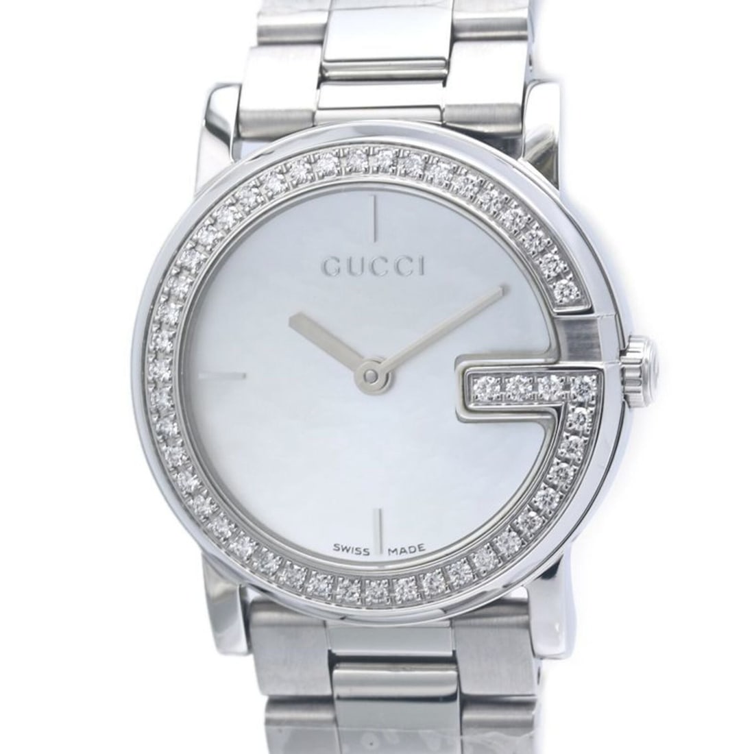 GUCCI G-Round Bezel Diamond Watch YA101510 101L Women's SS 40361: --- Catalog ---Category: SizeWrist Size: 17.5cm / 6.88''Case Diameter: 28mm / 1.1''Category: DesignGender: WomenDisplay: AnalogColor (Dial): White shellMaterial (Band): Stainless steelMaterial (Case):